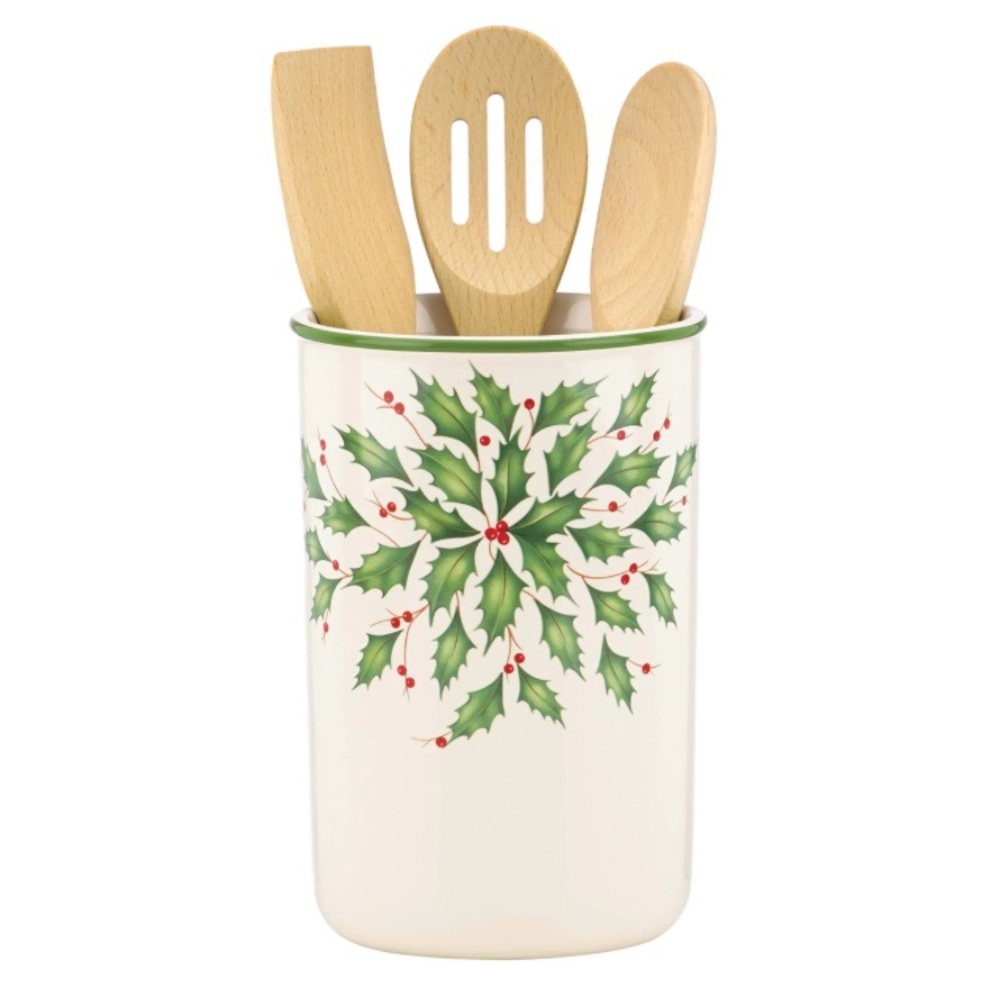 NWT - Lenox Holiday Utensil Crock with Wooden Servers